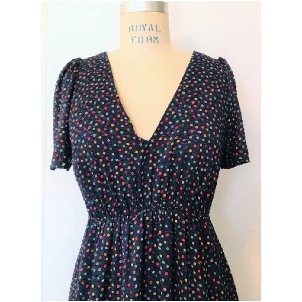 MADEWELL SUGAR DOT BLUE RED YELLOW V-NECK FLUTTER SLEEVE MINI DRESS 0 NWT